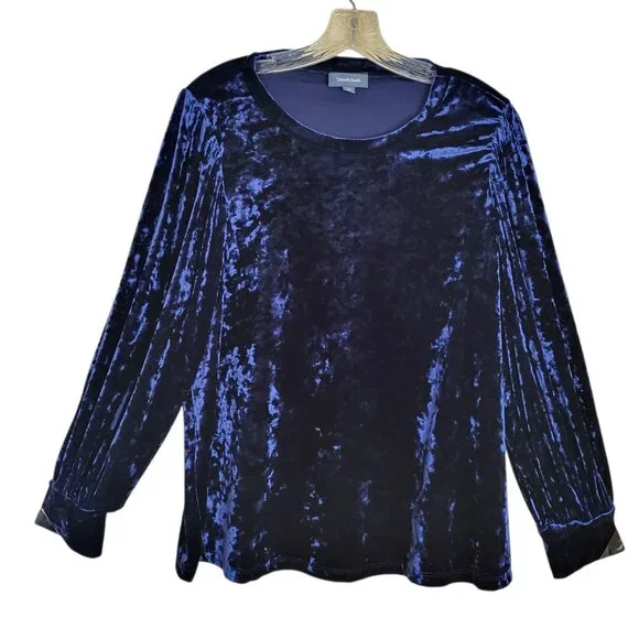 Modcloth Blue Crushed Velvet Top Size 1X Long Sleeve Pullover Stretchy - Picture 2 of 4